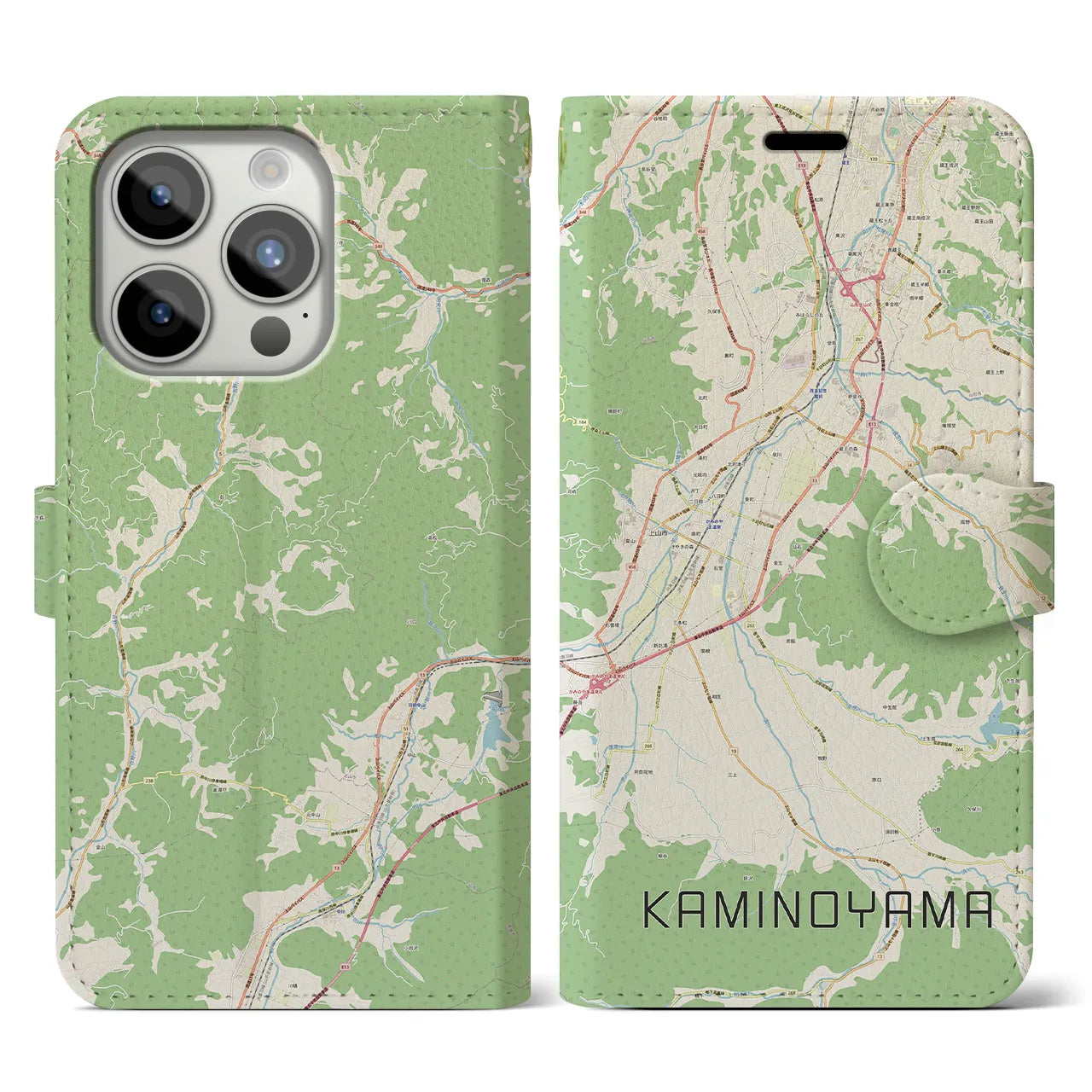 【上山（山形県）】地図柄iPhoneケース（手帳タイプ）ナチュラル・iPhone 15 Pro 用