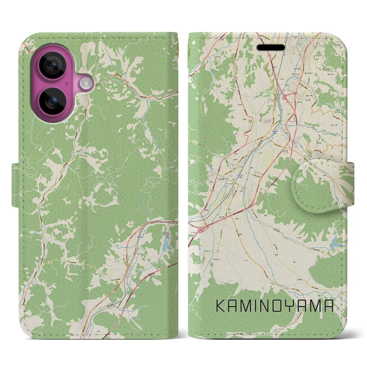 【上山（山形県）】地図柄iPhoneケース（手帳タイプ）ナチュラル・iPhone 16 Pro 用