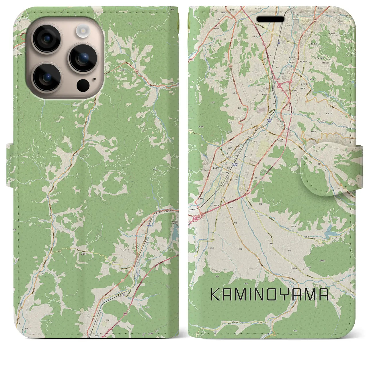 【上山（山形県）】地図柄iPhoneケース（手帳タイプ）ナチュラル・iPhone 16 Plus 用