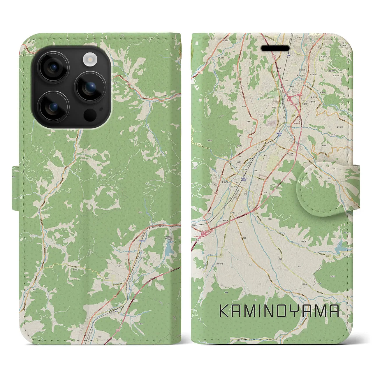 【上山（山形県）】地図柄iPhoneケース（手帳タイプ）ナチュラル・iPhone 16 用