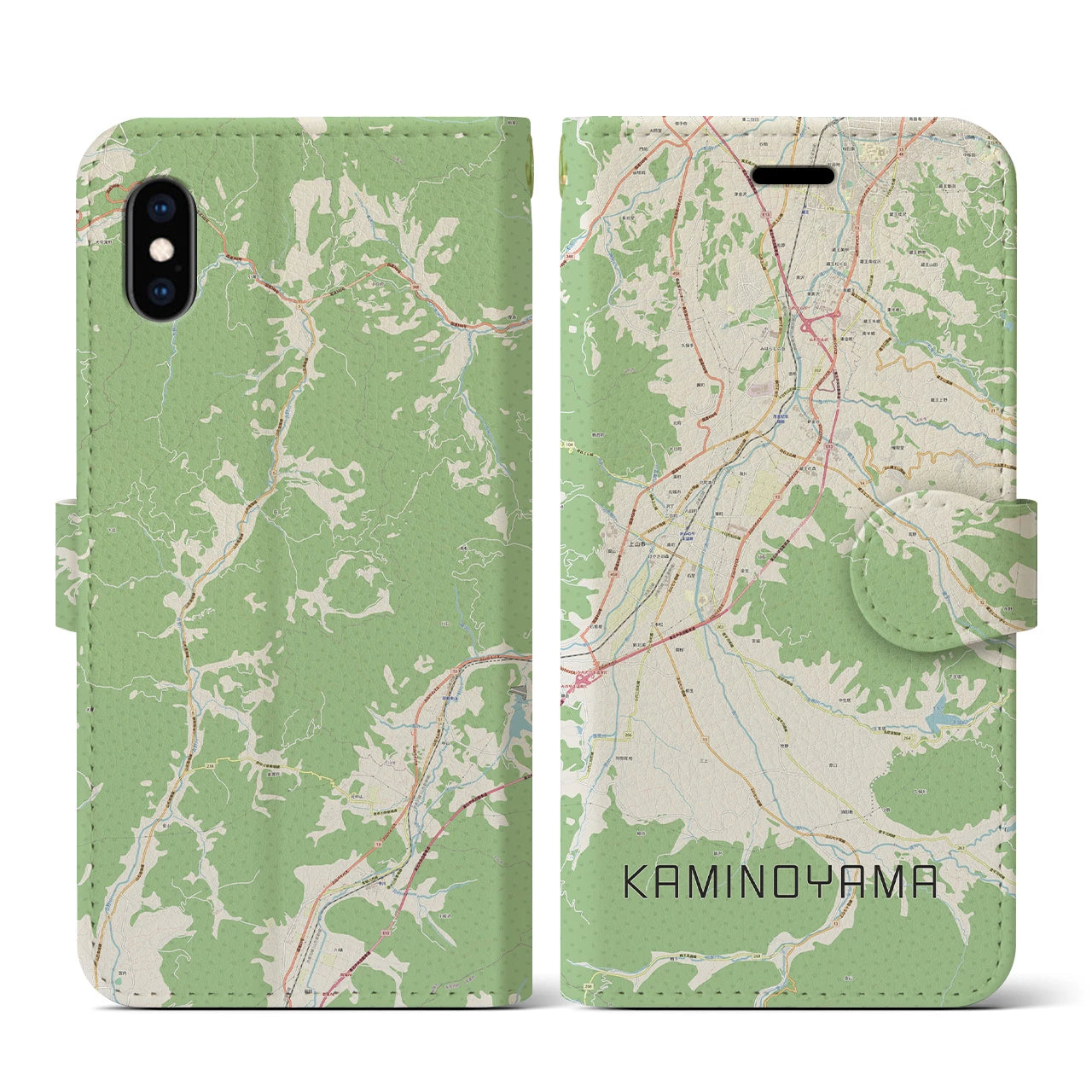 【上山（山形県）】地図柄iPhoneケース（手帳タイプ）ナチュラル・iPhone XS / X 用