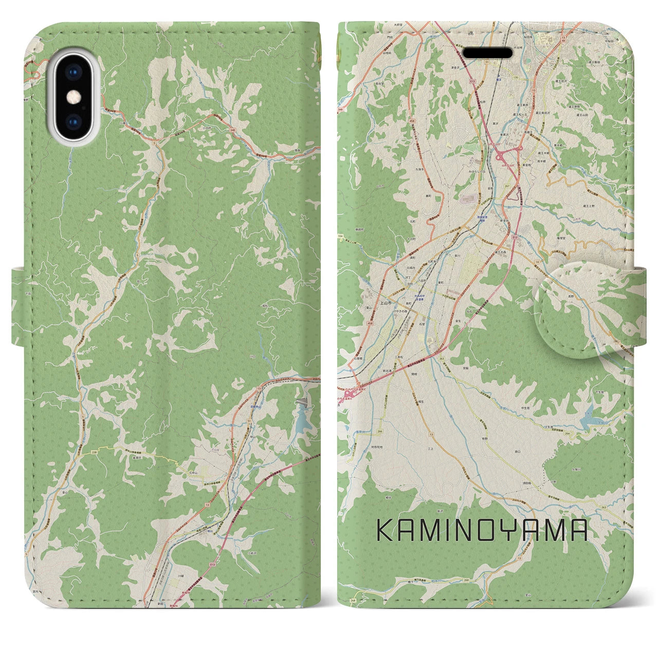 【上山（山形県）】地図柄iPhoneケース（手帳タイプ）ナチュラル・iPhone XS Max 用