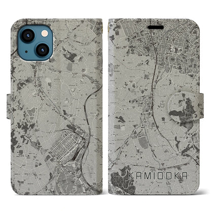 【上大岡（神奈川県）】地図柄iPhoneケース（手帳タイプ）モノトーン・iPhone 13 用