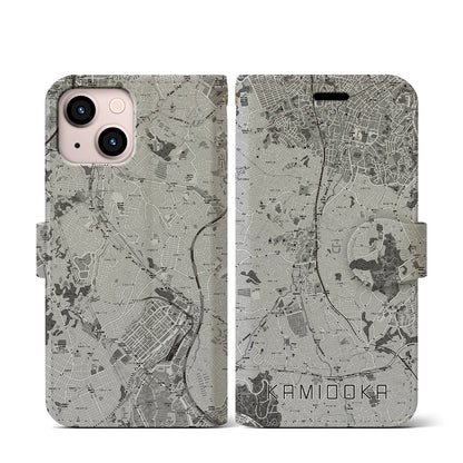 【上大岡（神奈川県）】地図柄iPhoneケース（手帳タイプ）モノトーン・iPhone 13 mini 用