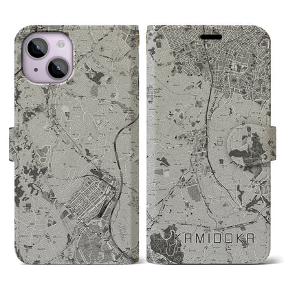 【上大岡（神奈川県）】地図柄iPhoneケース（手帳タイプ）モノトーン・iPhone 14 用