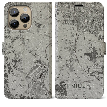 【上大岡（神奈川県）】地図柄iPhoneケース（手帳タイプ）モノトーン・iPhone 14 Pro Max 用