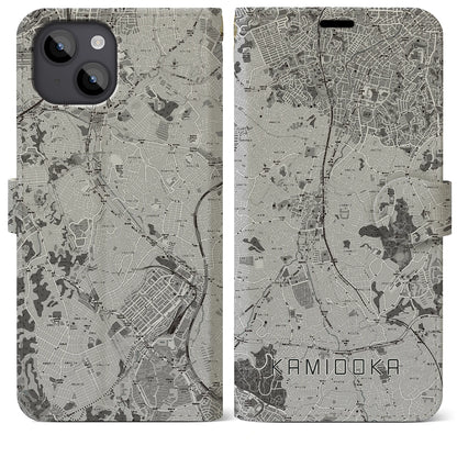 【上大岡（神奈川県）】地図柄iPhoneケース（手帳タイプ）モノトーン・iPhone 14 Plus 用