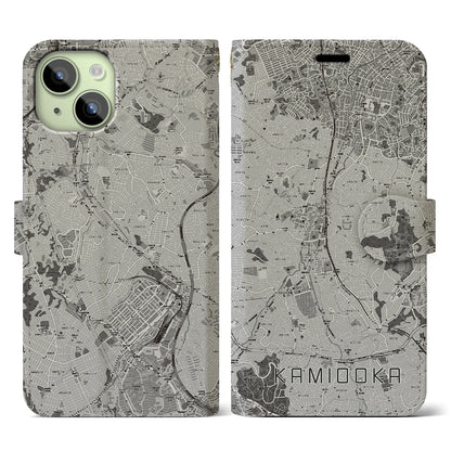 【上大岡（神奈川県）】地図柄iPhoneケース（手帳タイプ）モノトーン・iPhone 15 用