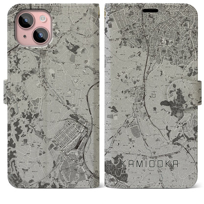 【上大岡（神奈川県）】地図柄iPhoneケース（手帳タイプ）モノトーン・iPhone 15 Plus 用