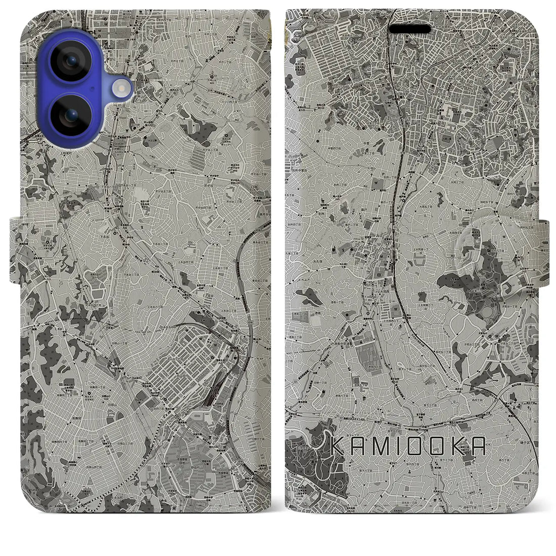 【上大岡(神奈川県)】地図柄iPhoneケース(手帳タイプ)モノトーン・iPhone 16 Pro Max 用