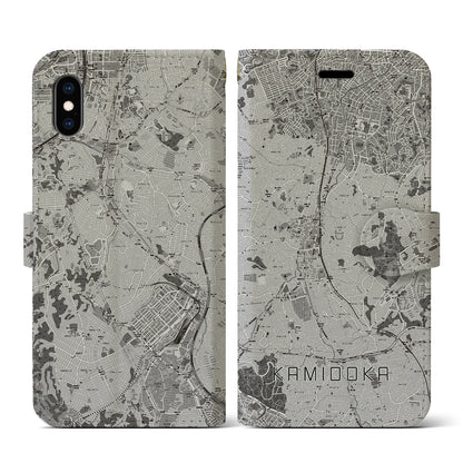 【上大岡（神奈川県）】地図柄iPhoneケース（手帳タイプ）モノトーン・iPhone XS / X 用