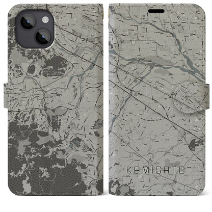 【上里（埼玉県）】地図柄iPhoneケース（手帳タイプ）モノトーン・iPhone 14 Plus 用