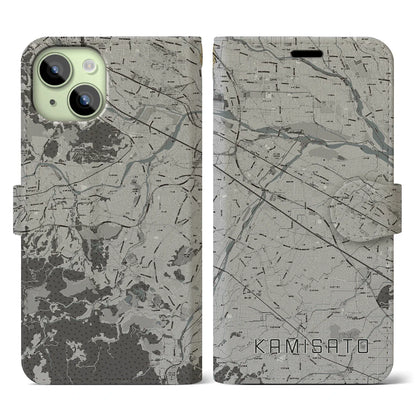 【上里（埼玉県）】地図柄iPhoneケース（手帳タイプ）モノトーン・iPhone 15 用