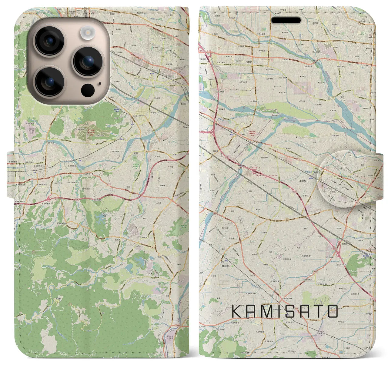 【上里（埼玉県）】地図柄iPhoneケース（手帳タイプ）ナチュラル・iPhone 16 Plus 用