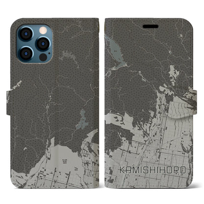 【上士幌（北海道）】地図柄iPhoneケース（手帳タイプ）モノトーン・iPhone 12 / 12 Pro 用