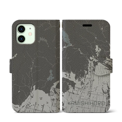 【上士幌（北海道）】地図柄iPhoneケース（手帳タイプ）モノトーン・iPhone 12 mini 用