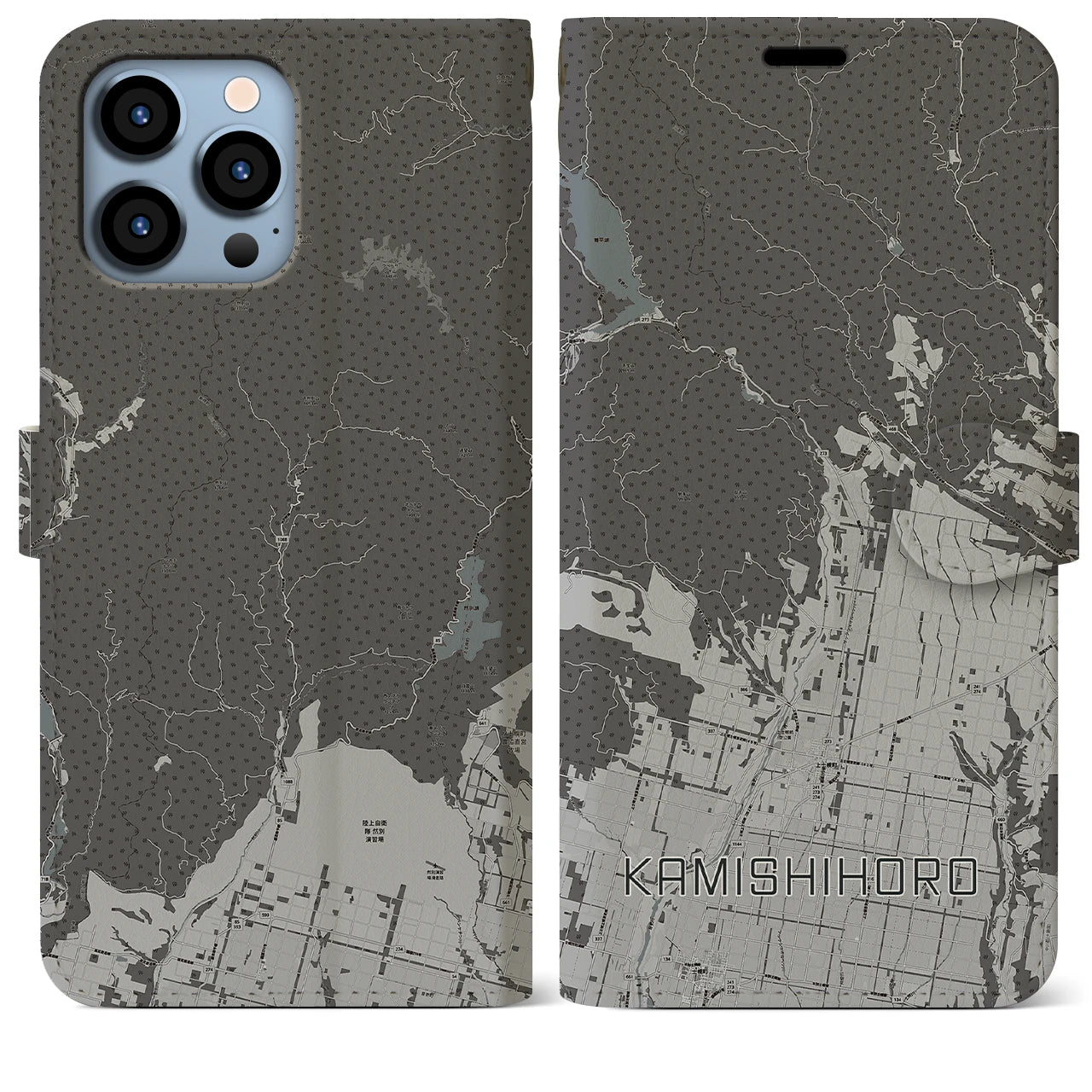 【上士幌】地図柄iPhoneケース（手帳両面タイプ・モノトーン）iPhone 13 Pro Max 用