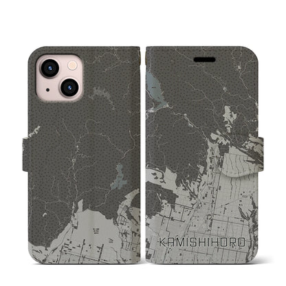 【上士幌（北海道）】地図柄iPhoneケース（手帳タイプ）モノトーン・iPhone 13 mini 用