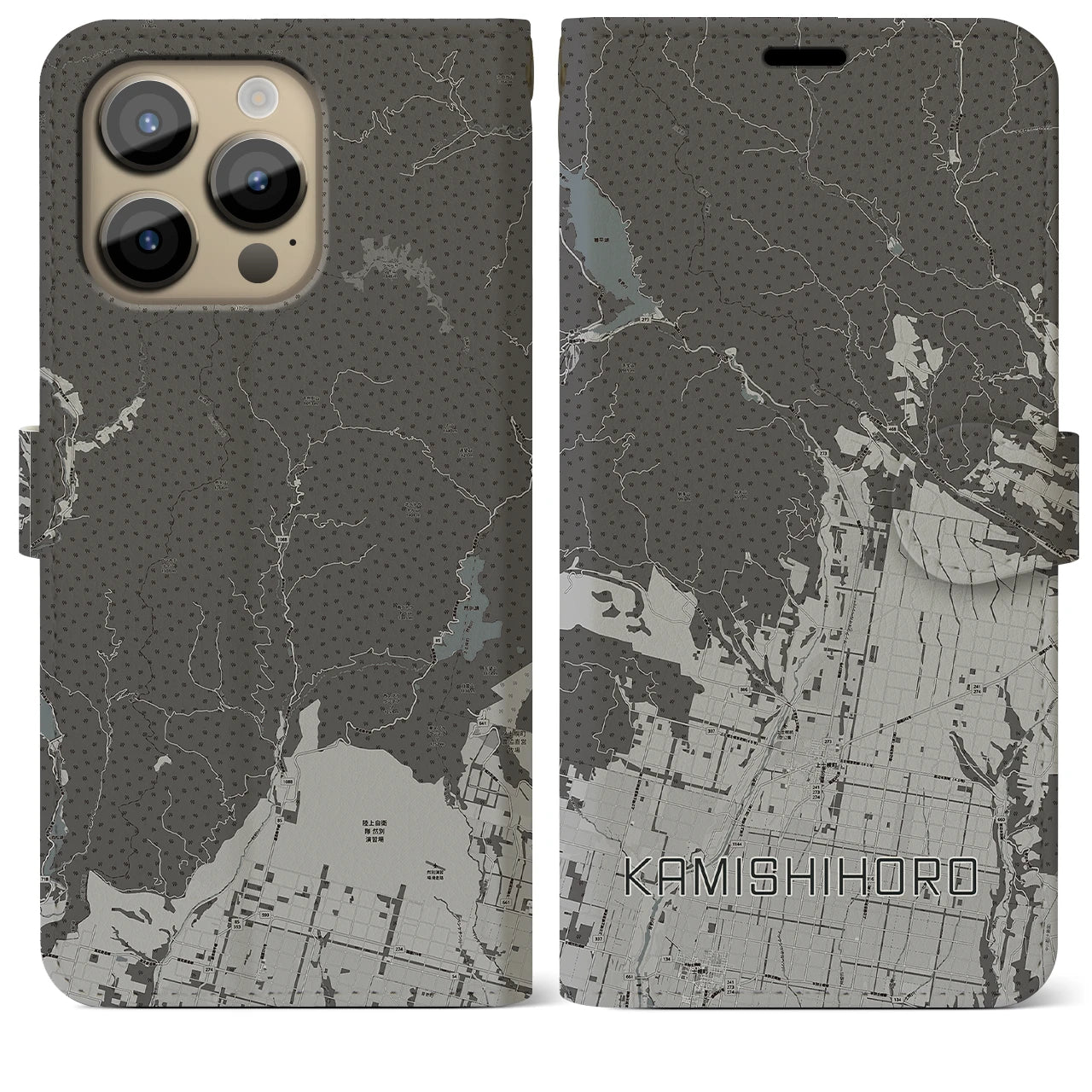 【上士幌】地図柄iPhoneケース（手帳両面タイプ・モノトーン）iPhone 14 Pro Max 用