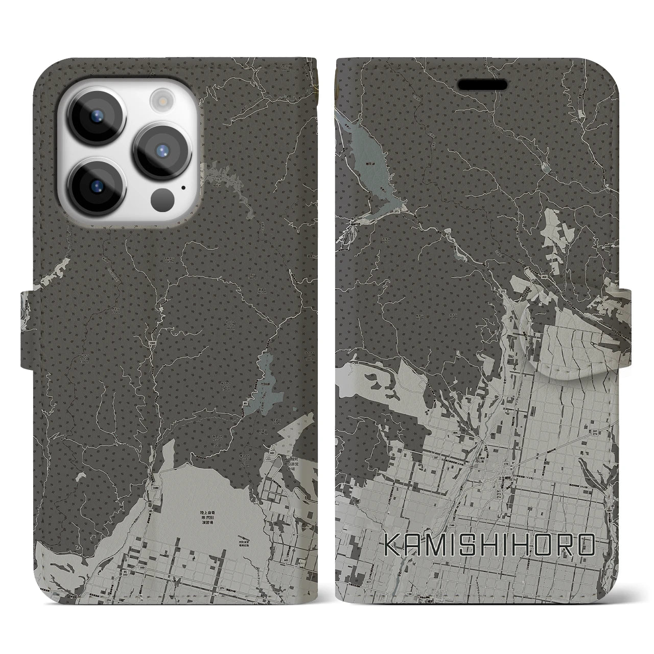 【上士幌】地図柄iPhoneケース（手帳両面タイプ・モノトーン）iPhone 14 Pro 用