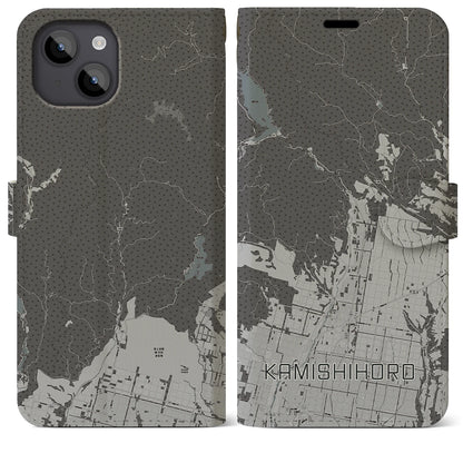 【上士幌（北海道）】地図柄iPhoneケース（手帳タイプ）モノトーン・iPhone 14 Plus 用