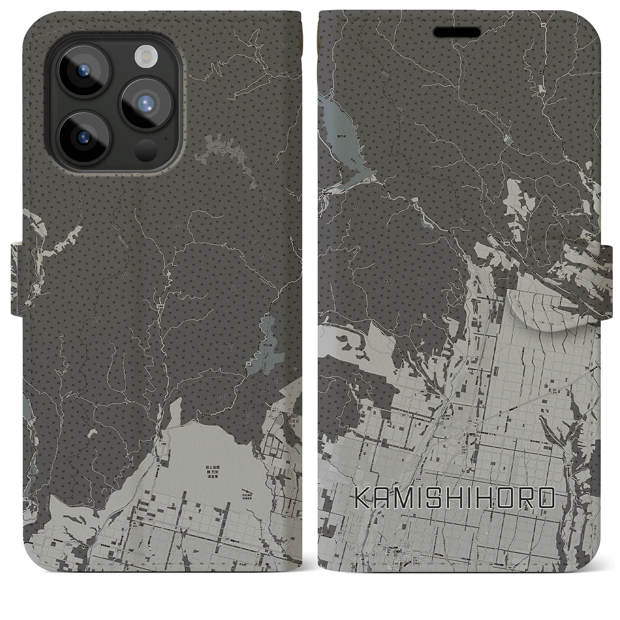 【上士幌】地図柄iPhoneケース（手帳両面タイプ・モノトーン）iPhone 15 Pro Max 用
