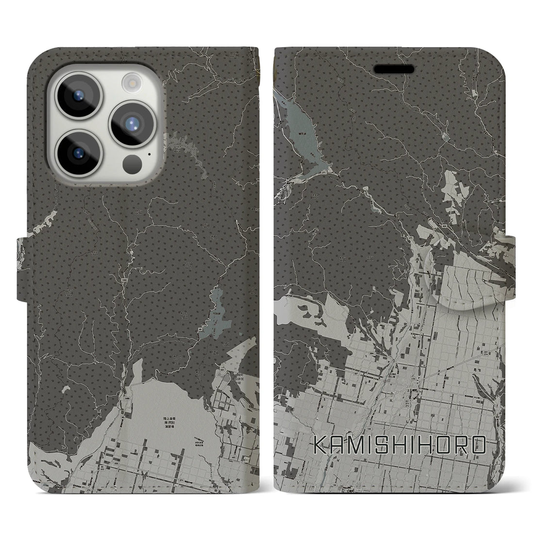 【上士幌(北海道)】地図柄iPhoneケース(手帳タイプ)モノトーン・iPhone 15 Pro 用