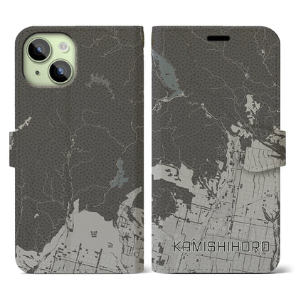 【上士幌（北海道）】地図柄iPhoneケース（手帳タイプ）モノトーン・iPhone 15 用