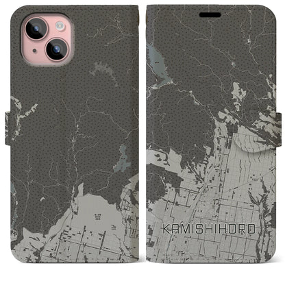 【上士幌（北海道）】地図柄iPhoneケース（手帳タイプ）モノトーン・iPhone 15 Plus 用