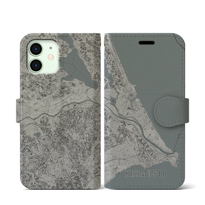 【神栖2（茨城県）】地図柄iPhoneケース（手帳タイプ）モノトーン・iPhone 12 mini 用