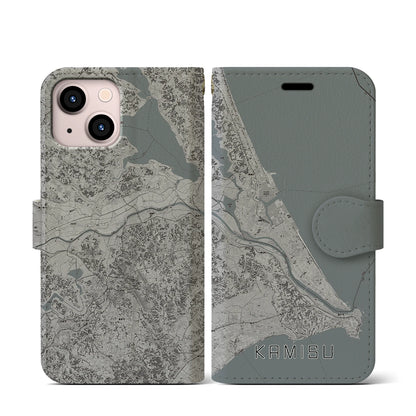 【神栖2（茨城県）】地図柄iPhoneケース（手帳タイプ）モノトーン・iPhone 13 mini 用