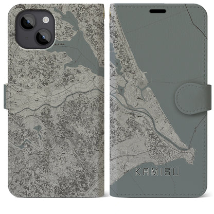 【神栖2（茨城県）】地図柄iPhoneケース（手帳タイプ）モノトーン・iPhone 14 Plus 用