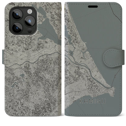 【神栖2（茨城県）】地図柄iPhoneケース（手帳タイプ）モノトーン・iPhone 15 Pro Max 用