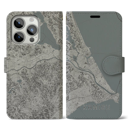 【神栖2（茨城県）】地図柄iPhoneケース（手帳タイプ）モノトーン・iPhone 15 Pro 用