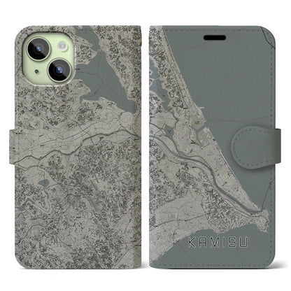 【神栖2（茨城県）】地図柄iPhoneケース（手帳タイプ）モノトーン・iPhone 15 用