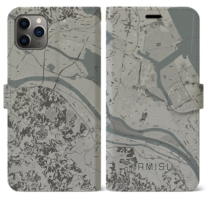 【神栖（茨城県）】地図柄iPhoneケース（手帳タイプ）モノトーン・iPhone 11 Pro Max 用