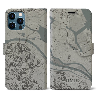 【神栖（茨城県）】地図柄iPhoneケース（手帳タイプ）モノトーン・iPhone 12 / 12 Pro 用