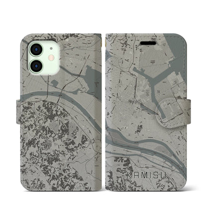 【神栖（茨城県）】地図柄iPhoneケース（手帳タイプ）モノトーン・iPhone 12 mini 用