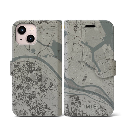 【神栖（茨城県）】地図柄iPhoneケース（手帳タイプ）モノトーン・iPhone 13 mini 用