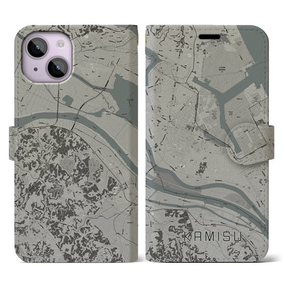 【神栖（茨城県）】地図柄iPhoneケース（手帳タイプ）モノトーン・iPhone 14 用