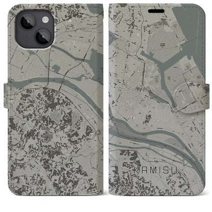 【神栖（茨城県）】地図柄iPhoneケース（手帳タイプ）モノトーン・iPhone 14 Plus 用