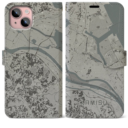 【神栖（茨城県）】地図柄iPhoneケース（手帳タイプ）モノトーン・iPhone 15 Plus 用