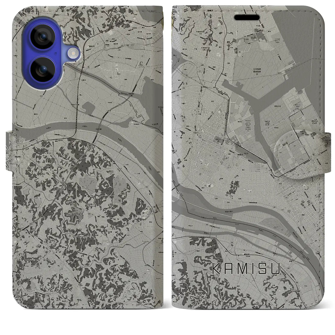 【神栖(茨城県)】地図柄iPhoneケース(手帳タイプ)モノトーン・iPhone 16 Pro Max 用