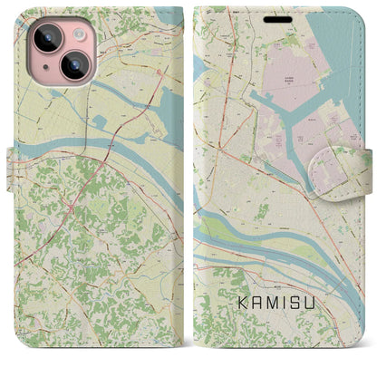 【神栖（茨城県）】地図柄iPhoneケース（手帳タイプ）ナチュラル・iPhone 15 Plus 用