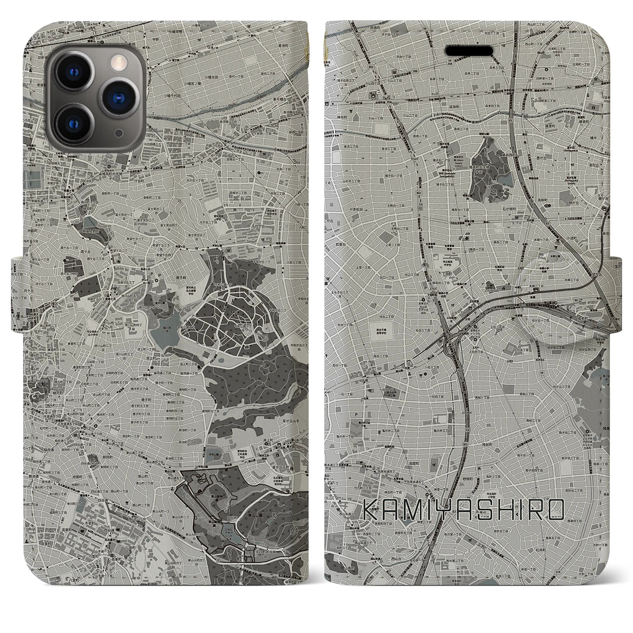 【上社】地図柄iPhoneケース（手帳両面タイプ・モノトーン）iPhone 11 Pro Max 用