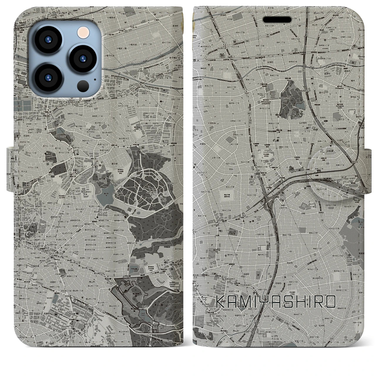 【上社】地図柄iPhoneケース（手帳両面タイプ・モノトーン）iPhone 13 Pro Max 用