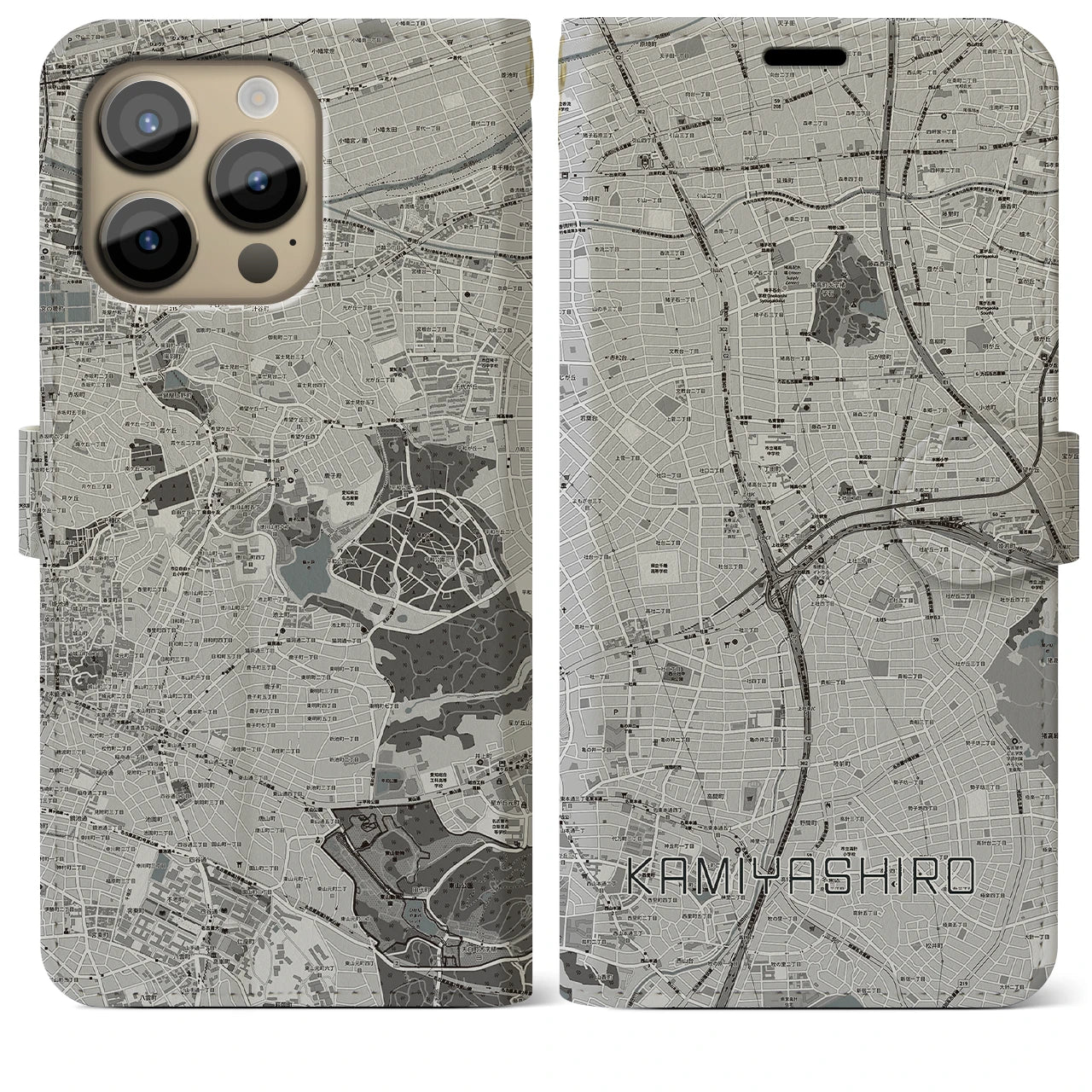 【上社】地図柄iPhoneケース（手帳両面タイプ・モノトーン）iPhone 14 Pro Max 用
