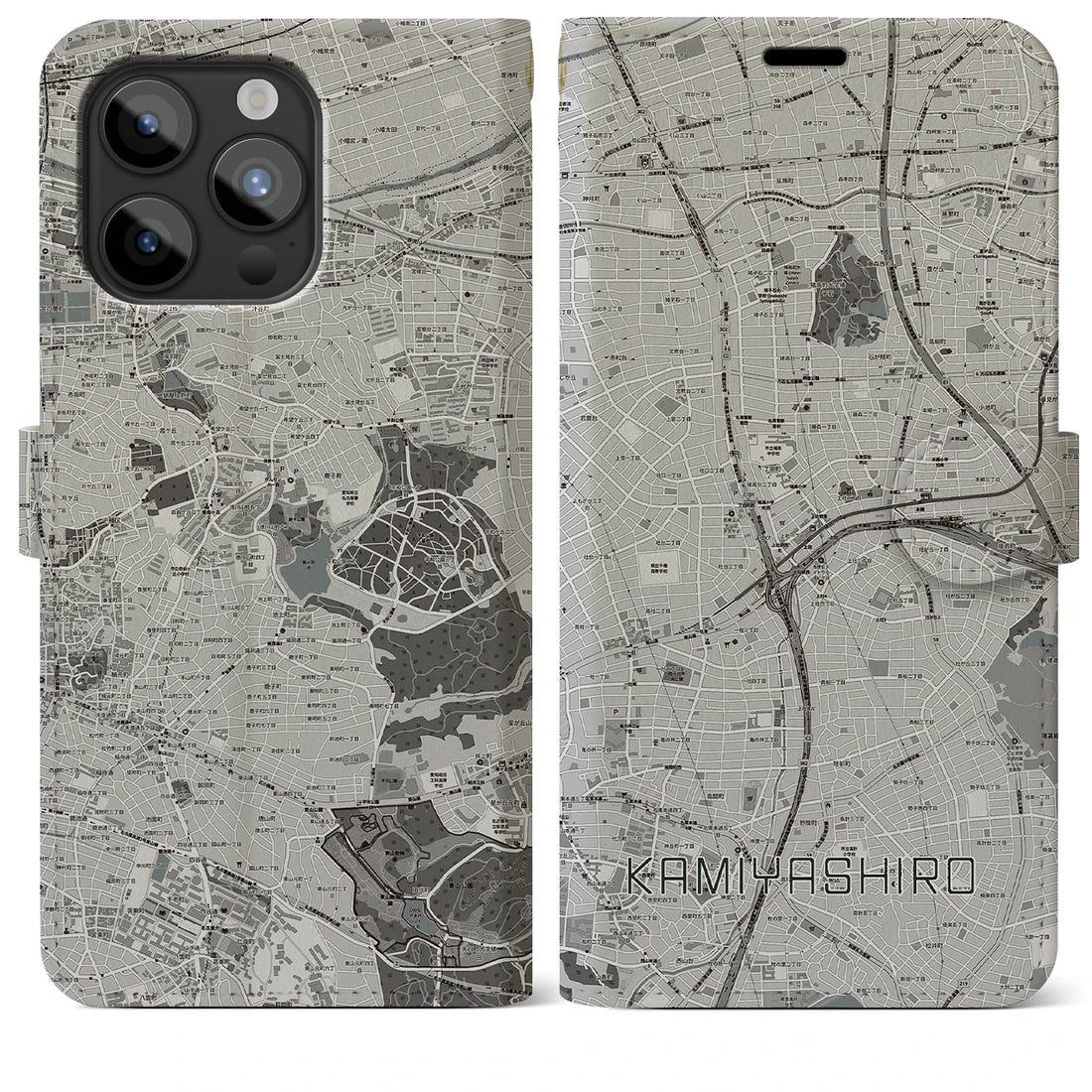 【上社】地図柄iPhoneケース（手帳両面タイプ・モノトーン）iPhone 15 Pro Max 用