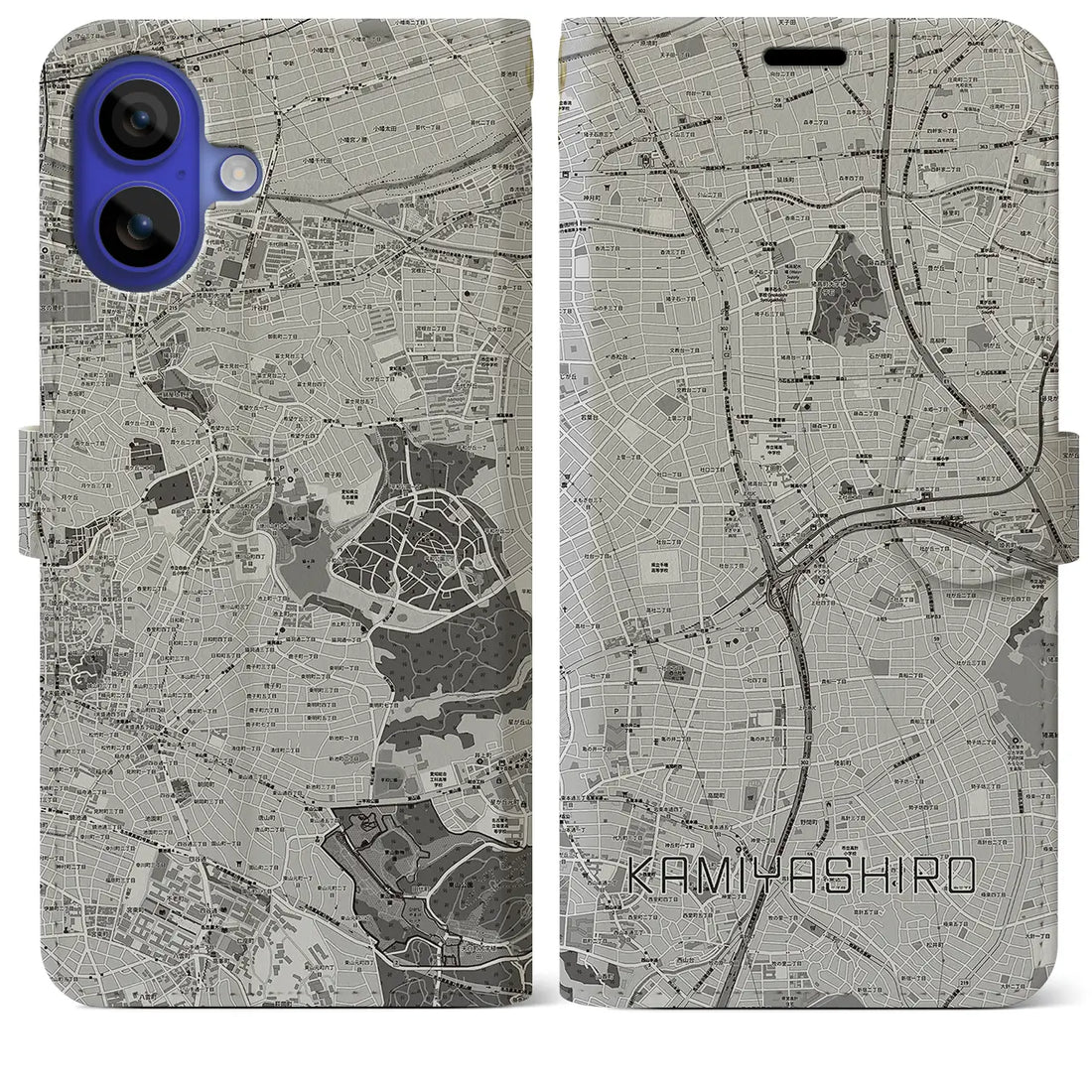 【上社(愛知県)】地図柄iPhoneケース(手帳タイプ)モノトーン・iPhone 16 Pro Max 用