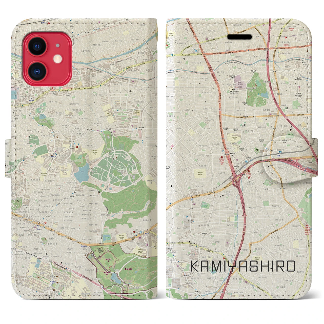 【上社（愛知県）】地図柄iPhoneケース（手帳タイプ）ナチュラル・iPhone 11 用